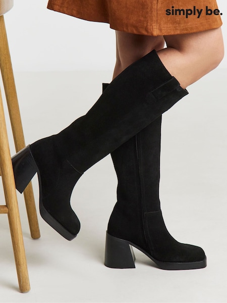 Simply Be Black Extra Wide Fit Block Heel Knee High Boots (Y26313) | £105