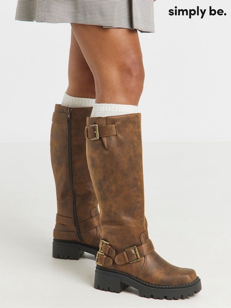 Simply Be Brown Extra Wide Fit Chunky Biker Boot With Buckle Detail (Y26315) | £65
