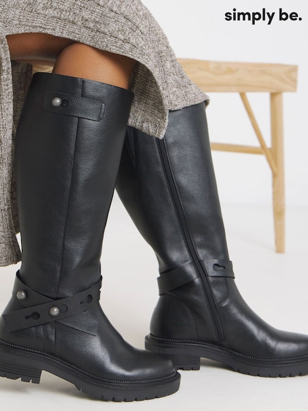 Simply Be Black Extra Wide Fit Casual Knee High Boots With Wrap Detail (Y26319) | £65