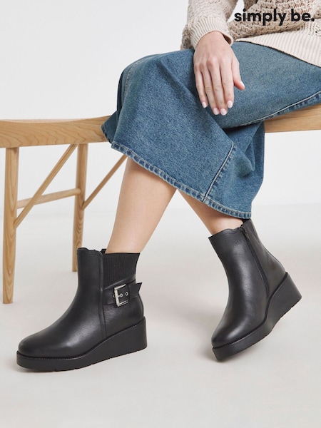 Simply Be Black Extra Wide Fit Wedge Chelsea Boots With Buckle (Y26332) | £60