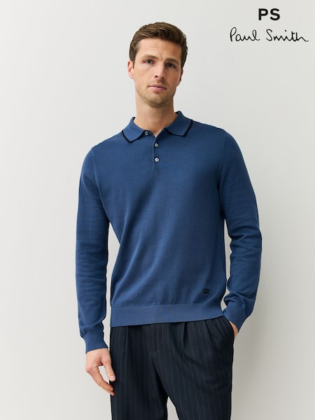 PS Paul Smith Blue Long Sleeve Knitted Polo Shirt (Y26394) | £165