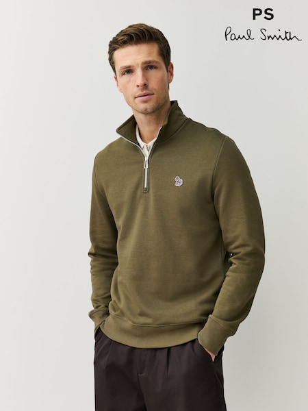 PS Paul Smith Khaki Green Cotton Quarter Zip Sweatshirt (Y26404) | £135