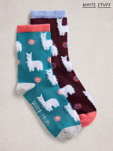 White Stuff Purple 2 Pack Fluffy Llama Socks (Y26729) | £10