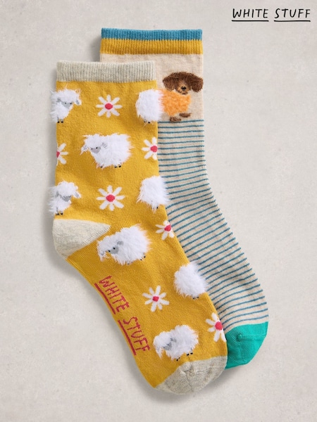 White Stuff Yellow 2 Pack Fluffy Animal Socks (Y26732) | £10