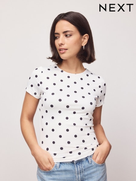 Black/Ecru Polka Dot Soft Touch Slinky Nylon Scoop Neck Short Sleeve Top (Y27180) | £20