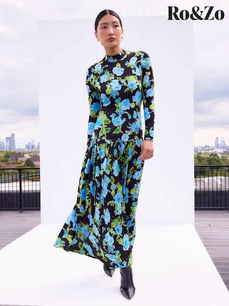 Ro&Zo Blue Houndstooth Dropped Waist Jersey Dress (Y27194) | £89