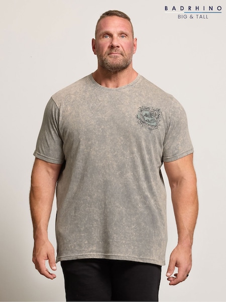 BadRhino Big & Tall Grey Acid Wash Skull T-Shirt (Y27384) | £24