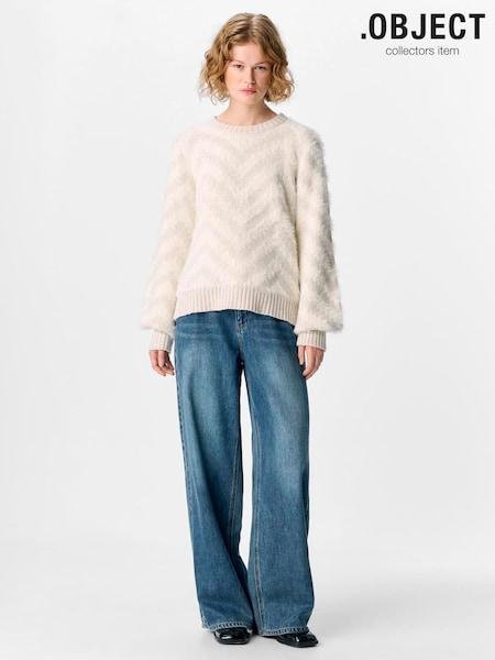 OBJECT White Sand Jacquard Stripe Fluffy Long Sleeve Jumper (Y27493) | £42
