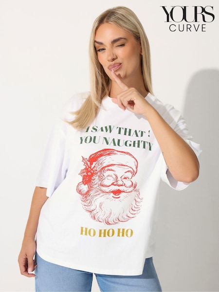 Yours Curve White Limited Naughty Ho Ho Ho T-Shirt (Y27581) | £20