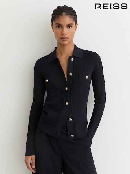 Reiss Navy Harri Button-Through Knitted Top with Collar (Y27607) | £148