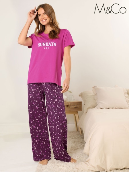 M&Co Pink Slow Sundays Short Sleeve Wide Leg Pyjamas Set (Y27847) | £24
