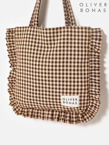 Oliver Bonas Brown Gingham Ruffle Tote Bag (Y28021) | £35