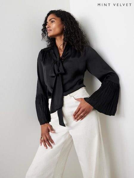 Mint Velvet Black Satin Bow Blouse (Y28065) | £89