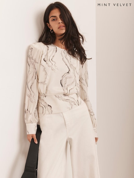 Mint Velvet Cream Marble Print Blouse (Y28067) | £89
