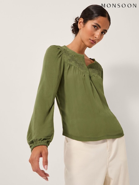 Monsoon Green Fila Floral Embroidered Blouse (Y28167) | £49