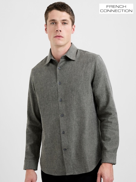 French Connection Grey Cotton Herringbone Regular Fit Long Sleeve Button-Up Shirt (Y28220) | £59