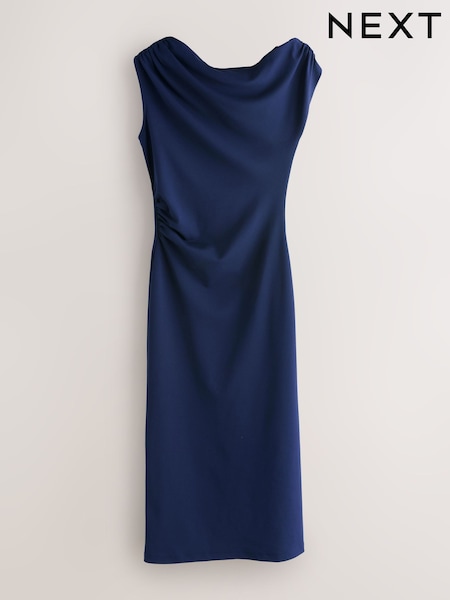 Navy Blue Draped Midi Ruched Dress (Y28321) | £0