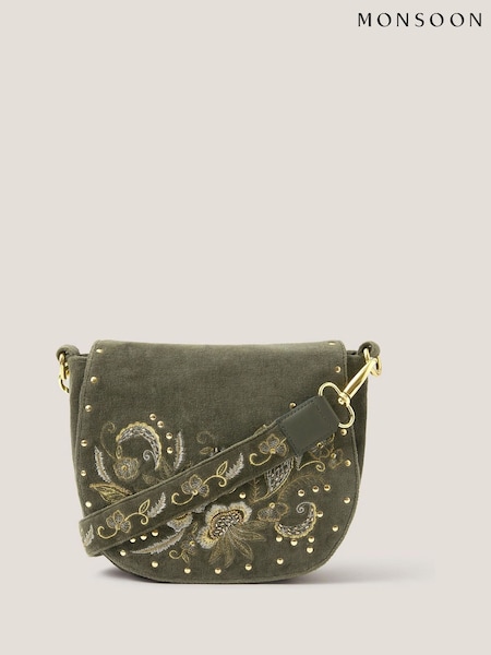 Monsoon Green Lily Embroidered Satchel Cross-Body Bag (Y28450) | £45