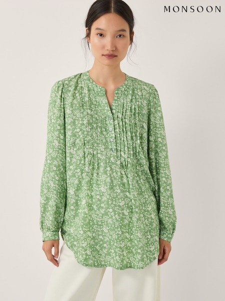 Monsoon Green Tortie Floral Pintuck Blouse (Y28454) | £49