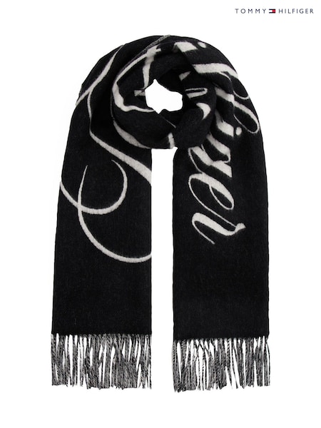 Tommy Hilfiger Black Pure Wool Logo Scarf (Y28566) | £85