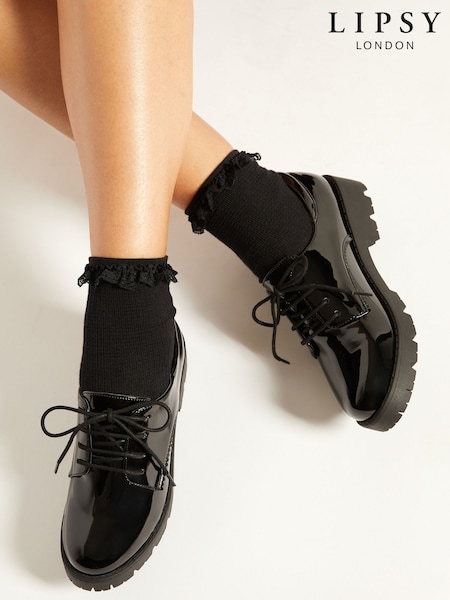 Lipsy Black Wide Fit (G) Clean Lace Up Chunky Brogue School Shoes (Y28567) | £29 - £33