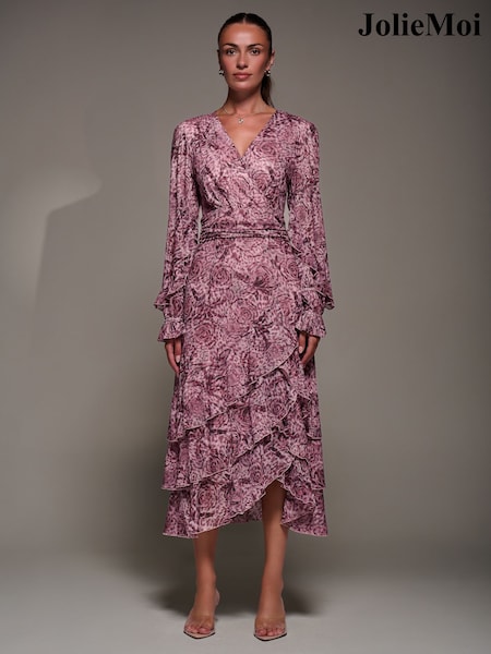 Jolie Moi Pink Long Sleeve Frill Detail Mesh Maxi Dress (Y28637) | £85