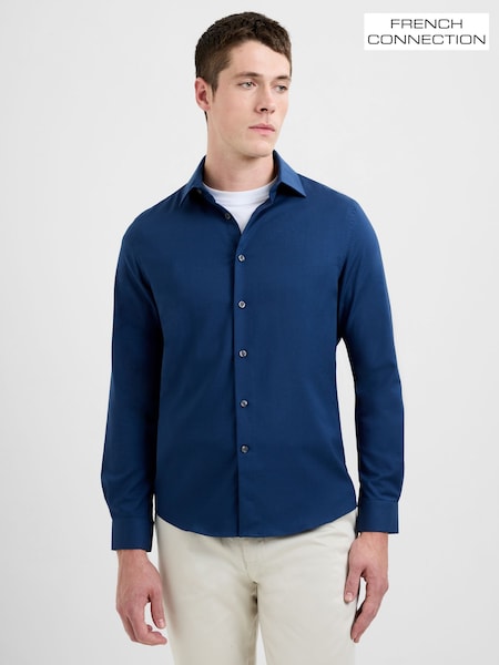 French Connection Blue Modal Wool Blend Slim Fit Long Sleeve Button-Up Shirt (Y29045) | £69