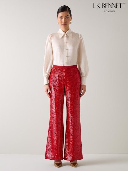 LK Bennett Red Shimmer Sequin Wide Trousers (Y29301) | £249