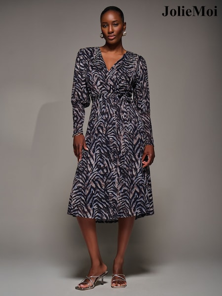 Jolie Moi Brown Mesh Long Puff Sleeve Wrap Midi Dress (Y29530) | £75