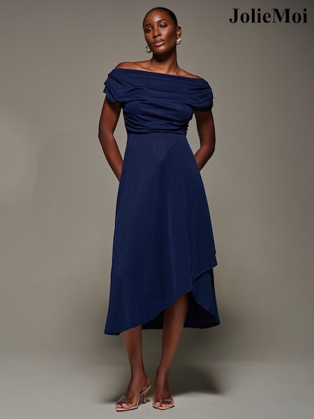 Jolie Moi Dark Blue Draped Jersey Cowl Neck Midi Dress (Y29532) | £68