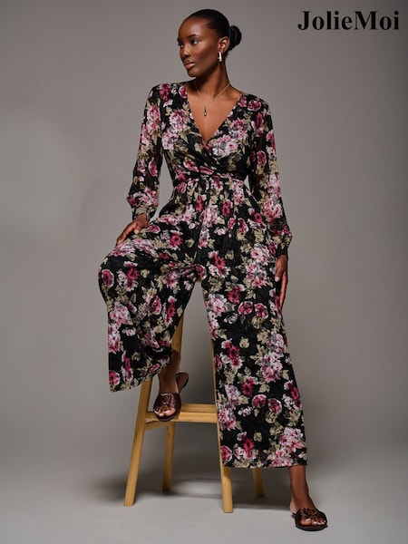 Jolie Moi Chrome Black Lace Wrap Tie Waist Long Sleeve Jumpsuit (Y29535) | £85