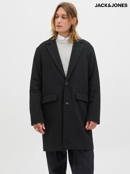 JACK & JONES Black Single Breasted Long Coat (Y29655) | £65