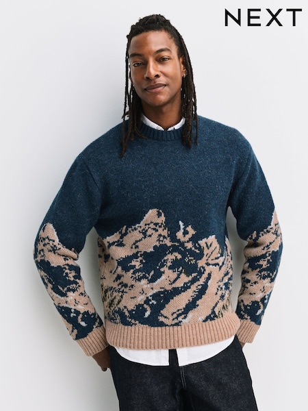 Navy Blue Relaxed Fit Knitted Mountain Landscape Crew Neck Jumper (Y29819) | £36