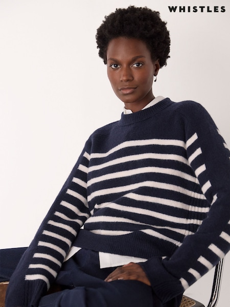 Whistles Blue Wool Mix Contrast Stripe Knit Jumper (Y29887) | £109