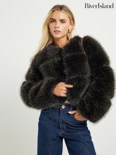 River Island Brown Petite Crop Panel Fur Jacket (Y29909) | £76
