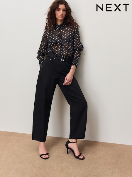 Black Denim Belted Barrel Jeans (Y30159) | £48