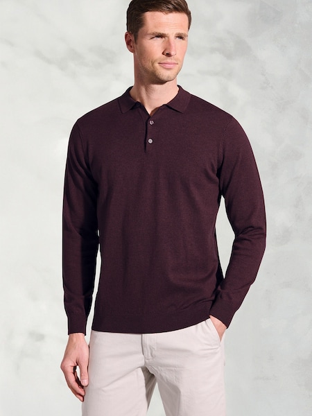 Brook Taverner Red Cotton Merino Long Sleeve Polo Shirt (Y30234) | £60
