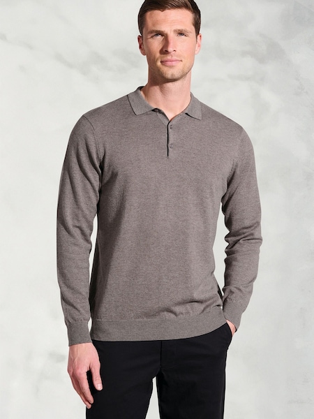 Brook Taverner Brown Cotton Merino Long Sleeve Polo Shirt (Y30242) | £60