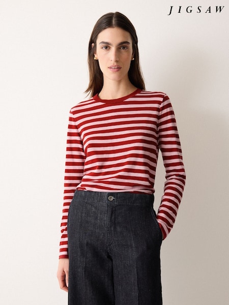 Jigsaw Pink Cotton Slub Stripe Long Sleeve T-Shirt (Y30324) | £45