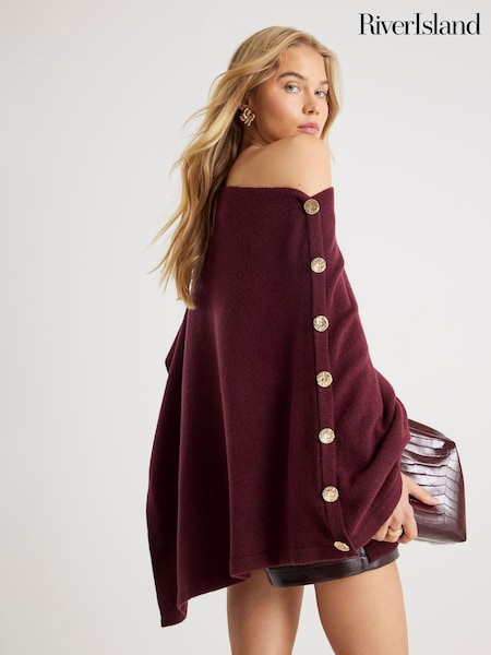River Island Burgundy Asymmetric Button Detail Cape (Y30393) | £42
