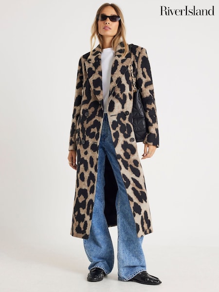 River Island Brown Brushed Leopard Print Double Breasted Coat (Y30395) | £99