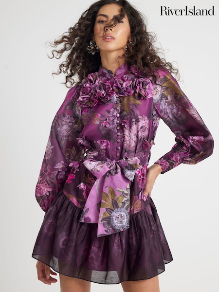 River Island Purple 3D Detail Floral Belted Mini Dress (Y30405) | £83