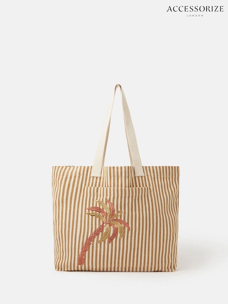 Accessorize Natural Stripe Palm Embroidered Shopper Bag (Y30446) | £35
