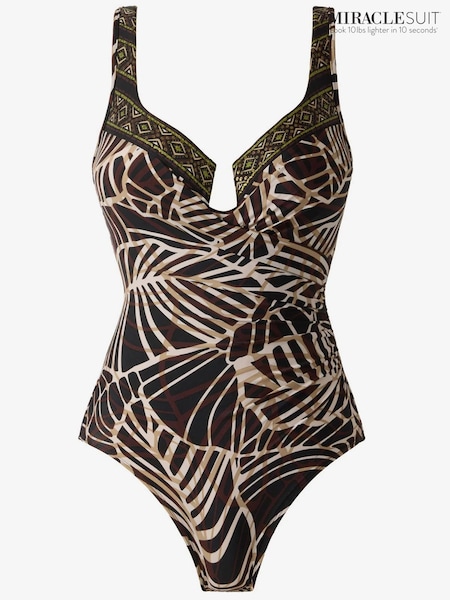 Miraclesuit Underwired Escape Tummy Control Black Swimsuit In Bold Leaf Print (Y30511) | £200
