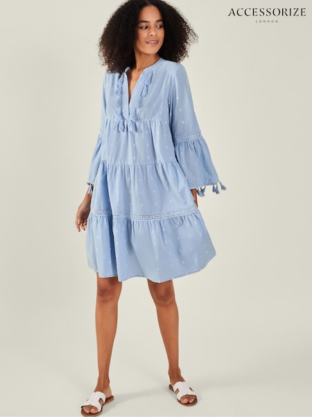 Blue Flute Sleeve Tassel Tiered Mini Dress (Y30751) | £45