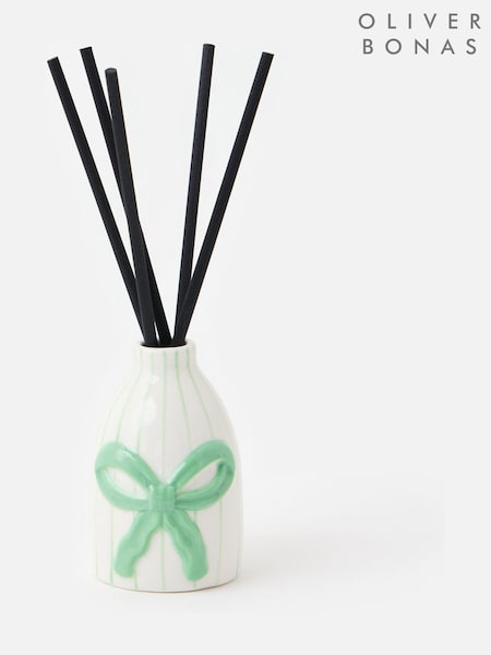 Oliver Bonas Cream Green Striped Bow Ceramic Reed Diffuser Gift Set (Y30822) | £27