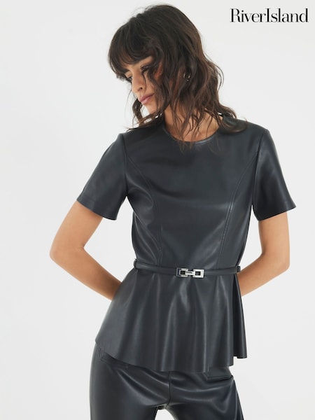 River Island Black Belted PU Peplum Top (Y30834) | £38