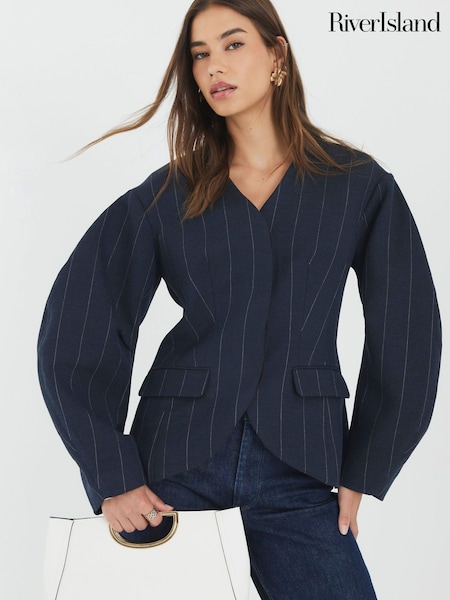 River Island Blue Pinstripe Cocoon Sleeve Blazer (Y30842) | £64