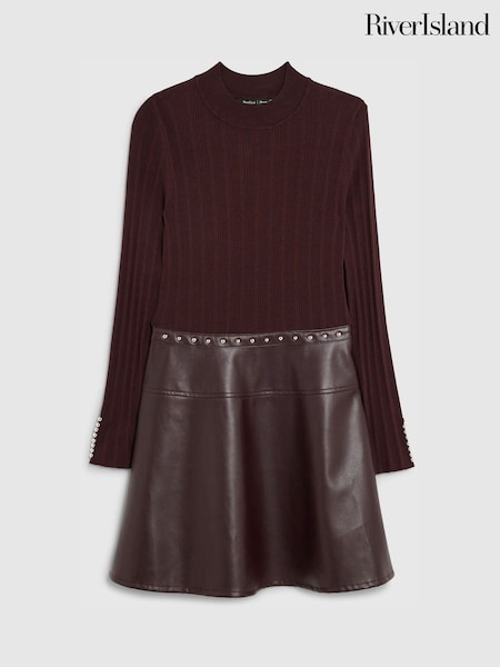 River Island Burgundy Faux Leather Hybrid Mini Dress (Y30860) | £59