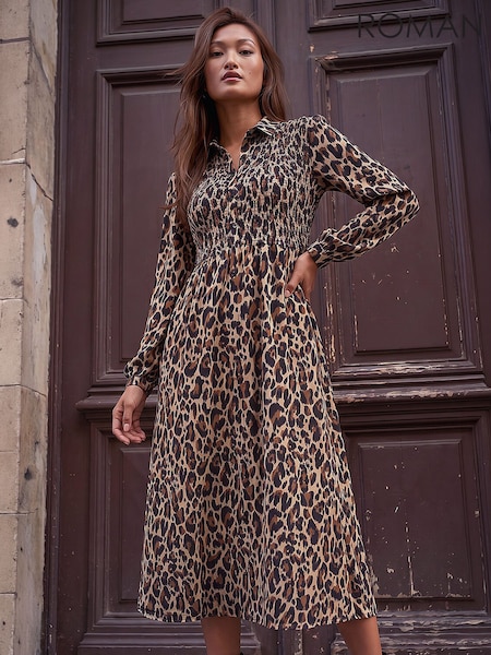 Brown - Roman Animal Print Shirred Midi Dress